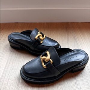 AEROSOLES Black and Gold Platform Mules